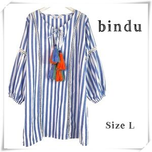 Bindu Fringe Lace Tie Puff Sleeve Striped Kaftan Dress in Blue with White Size L
